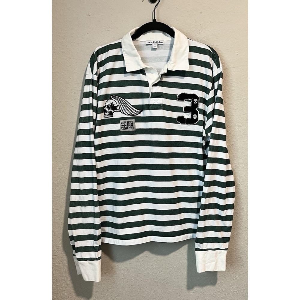 Jaded London Rugby Polo Shirt Med Green White Striped Embroidered Distressed Y2K